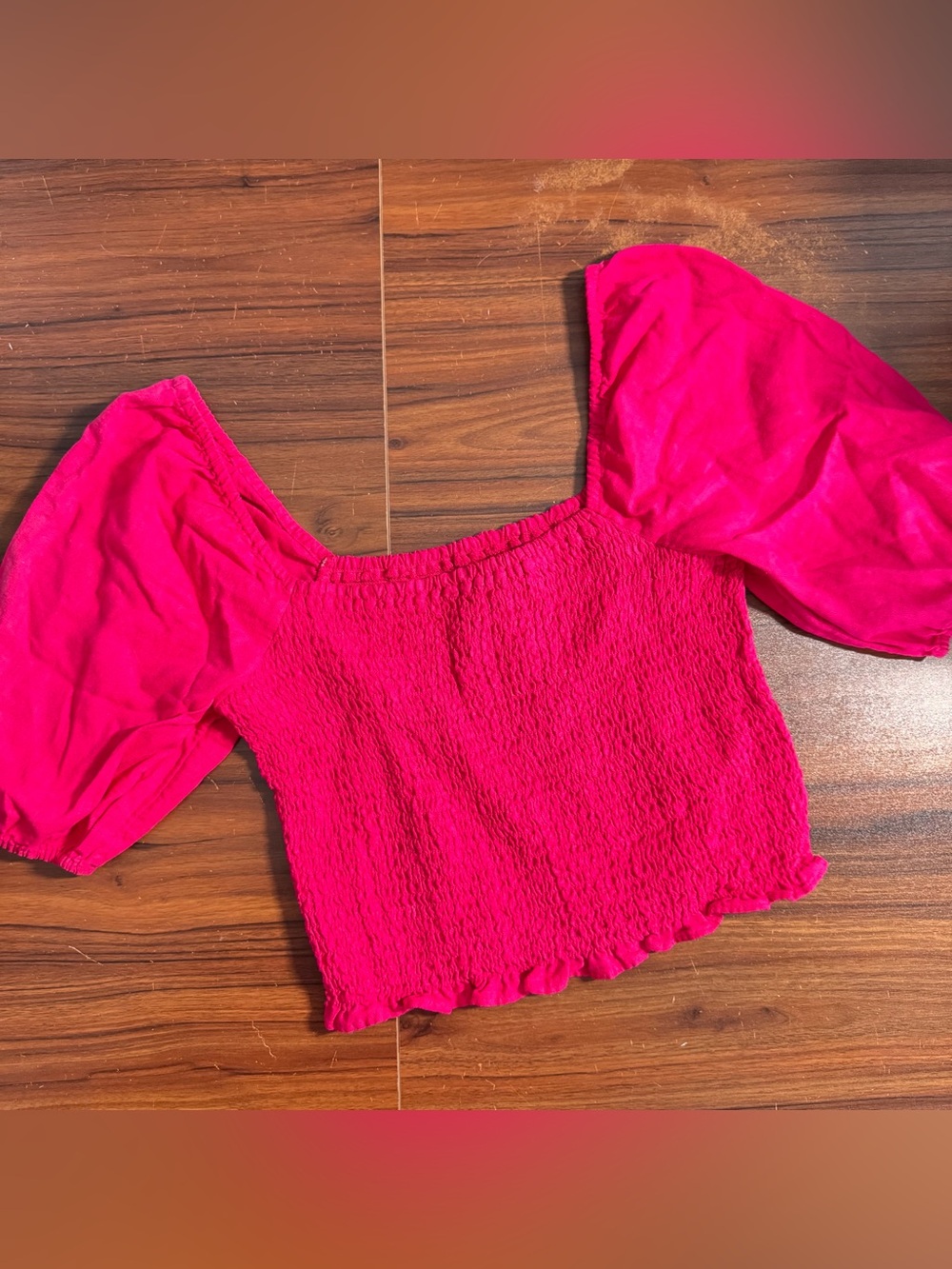 Universal Thread Hot Pink Square Neck Puff-Sleeve Smocked Linen Crop Top Shirt